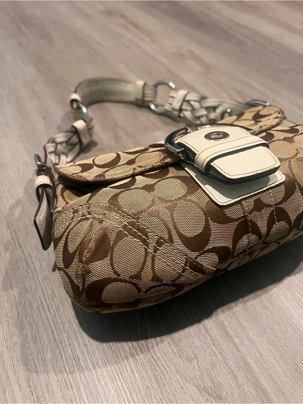 Coach SoHo Y2K Brown Signature Canvas Shoulder Bag with Chalk Trim